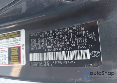 2010 Toyota Camry Le z USA, uszkodzony, nr VIN 4T4BF3EK4AR084225